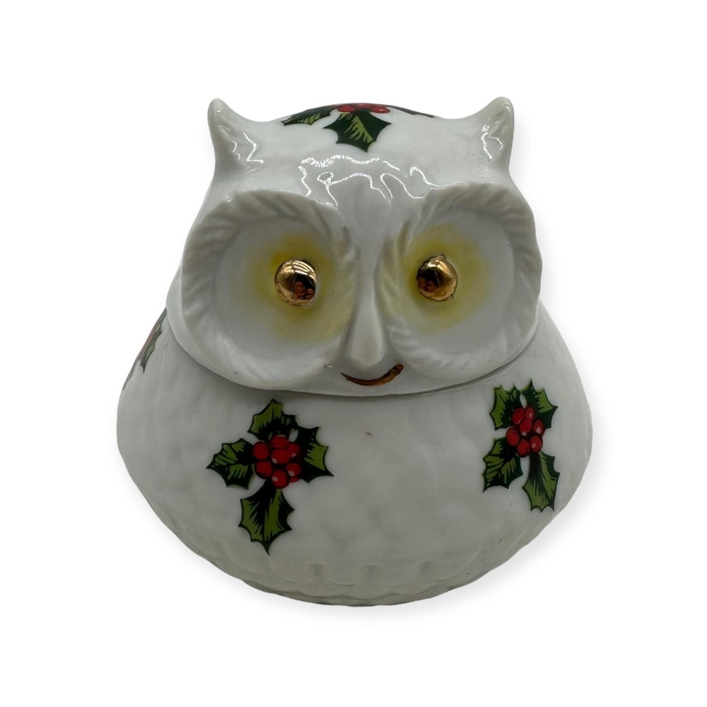 VTG Lefton Owl Porcelain Trinket Box‎ Figurine Christmas Holly Japan 08306